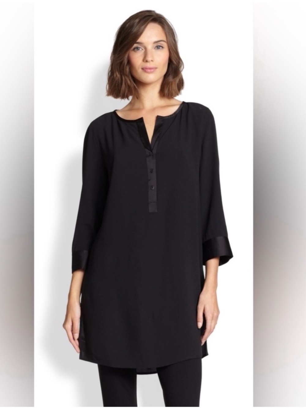 Eileen Fisher Black Satin-Trim Tunic